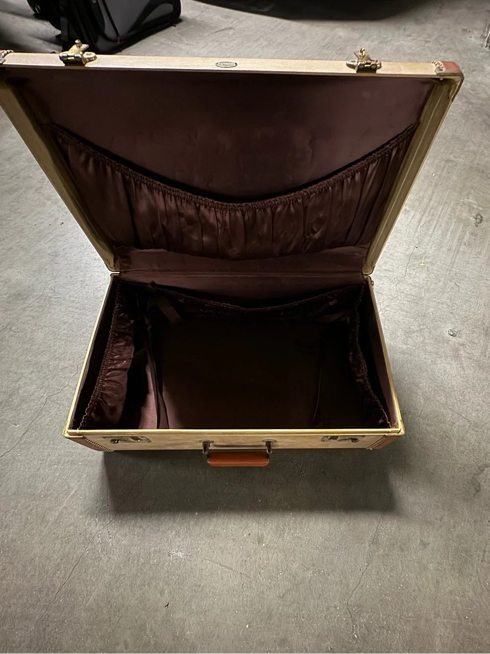 Vintage Goldpak Hard Suitcase in Tan and Brown Leather Accents